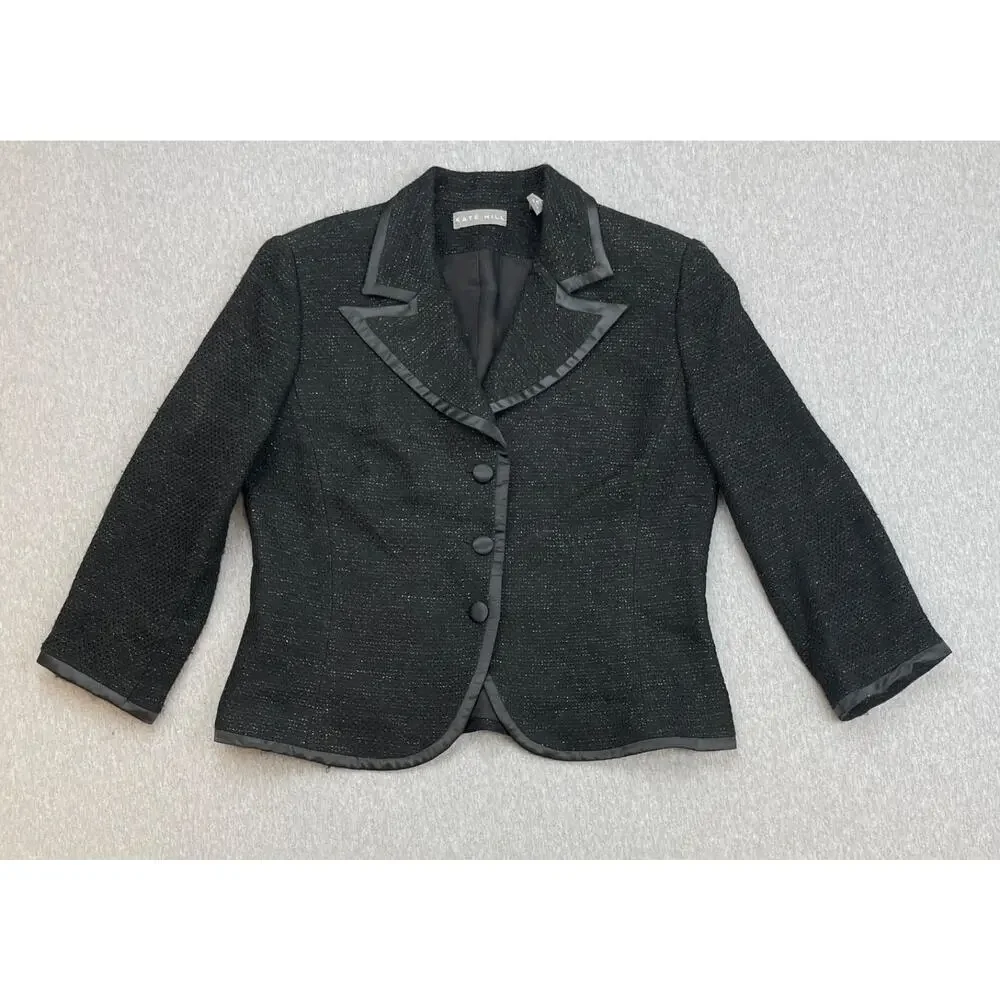 Kate Hill‎ Blazer Womens 10 Black Stretch 3-Button Lined Jacket